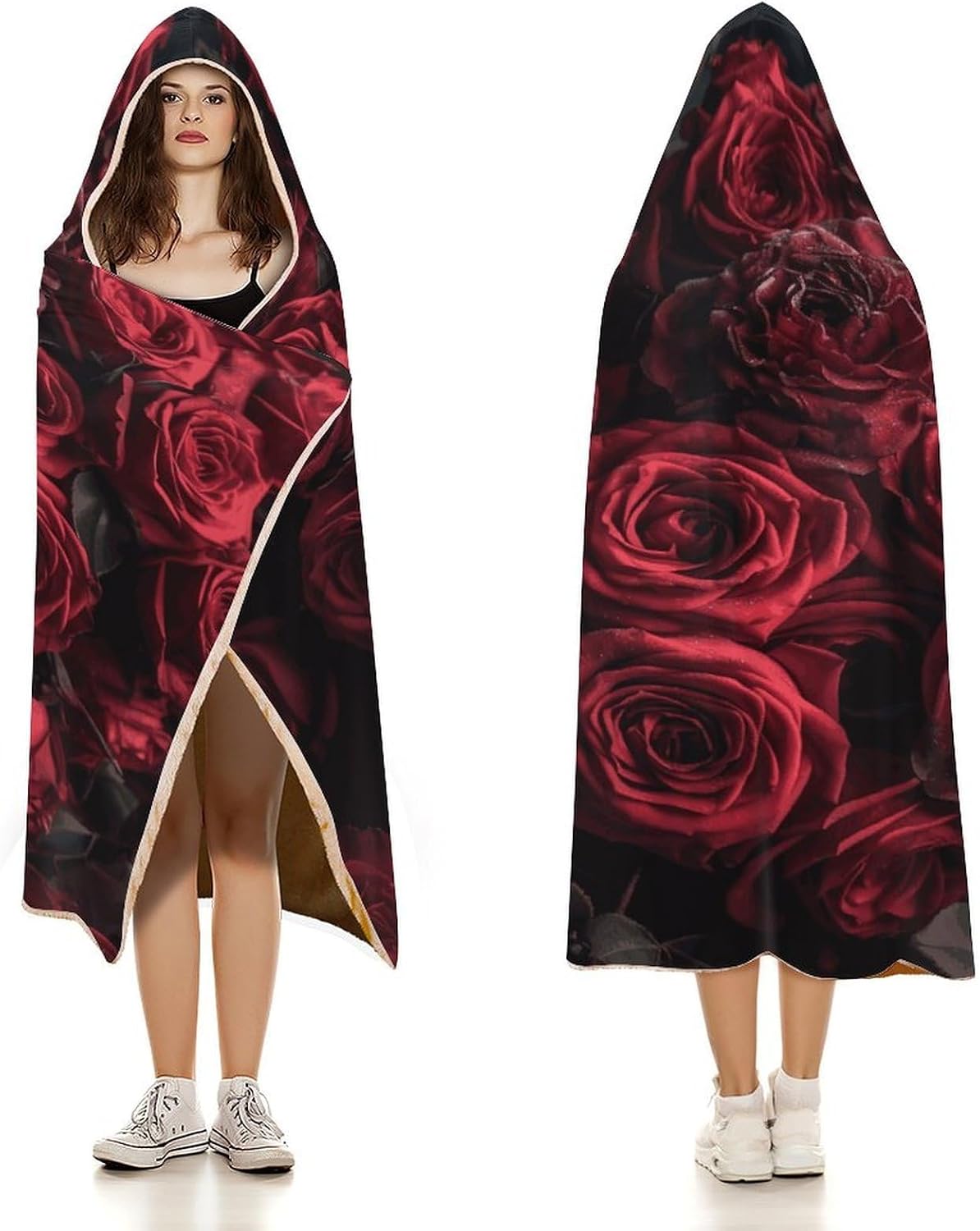 Full of Red Roses Hooded Blanket Cozy And Functional,Wearable Blanket Hoodie for Women Men,Blanket Poncho Presents50 x60