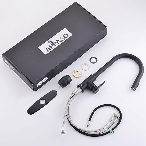 Miniatura 8 de APPASO Grifo de cocina con negro mate extraíble, un solo mango de arco alto cuello de cisne moderno grifo de fregadero de cocina con placa de
