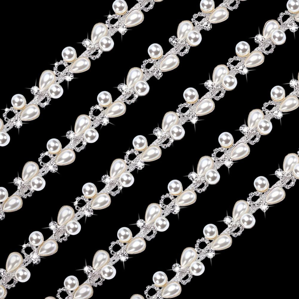 PH PandaHall 1 Yard Silver Rhinestone Trim Pearl Ribbon Chain 0.7" Wide Applique Beaded Trim with Sparkling Crystals for DIY Wedding Bridal Hair Costume Birthday Party Home Decoration
