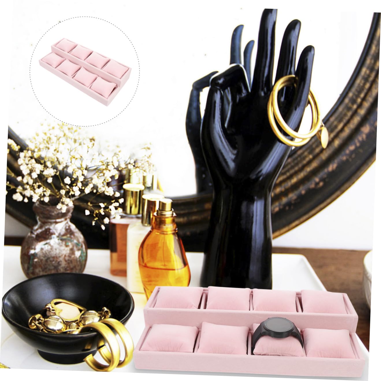 ULTECHNOVO Schmuckkissen Tablett aus Mdf und Flanell, Rosa, für Schmuck | Mehrfachfach Design mit Innenkissen, Leicht und Stabil, für Zuhause und Schmuckgeschäft, zur Aufbewahrung Kleiner Accessoires
