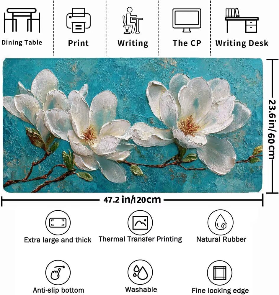 Podkładka pod mysz xxl 1200 x 600 x 3 mm, biała duża podkładka pod mysz dla graczy, podkładka pod mysz w kwiaty z wodoodporną antypoślizgową gumową podstawą, zmywalna mata na biurko do gier. Idealny