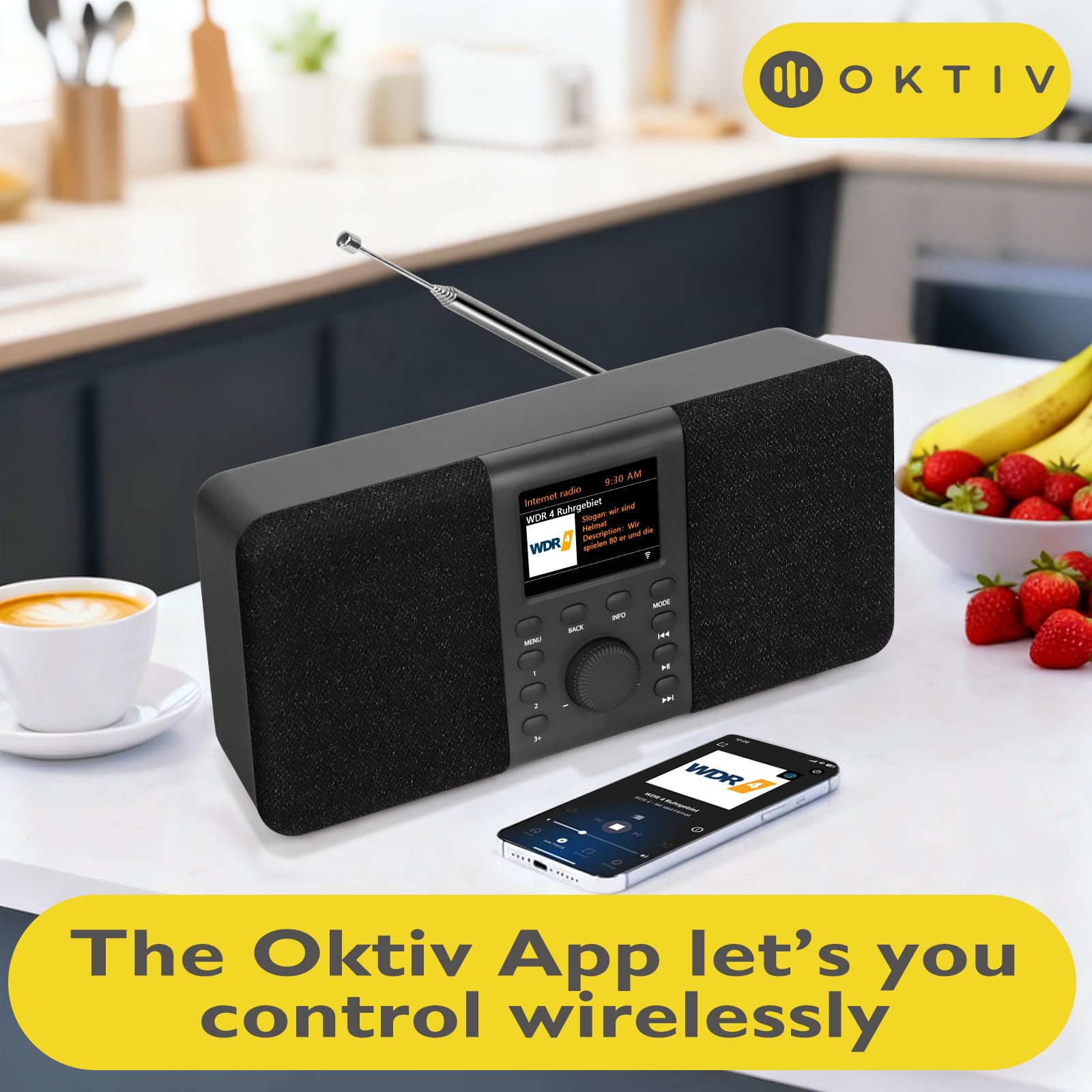 SR20 Radio Internet Stéréo avec Radio Numérique Dab/Dab+,WiFi avec Lecteur de Podcasts,Intelligente avec Bluetooth,FM,de Cuisine Secteur et Batterie,écran Couleur,Alarmes Doubles-Noir