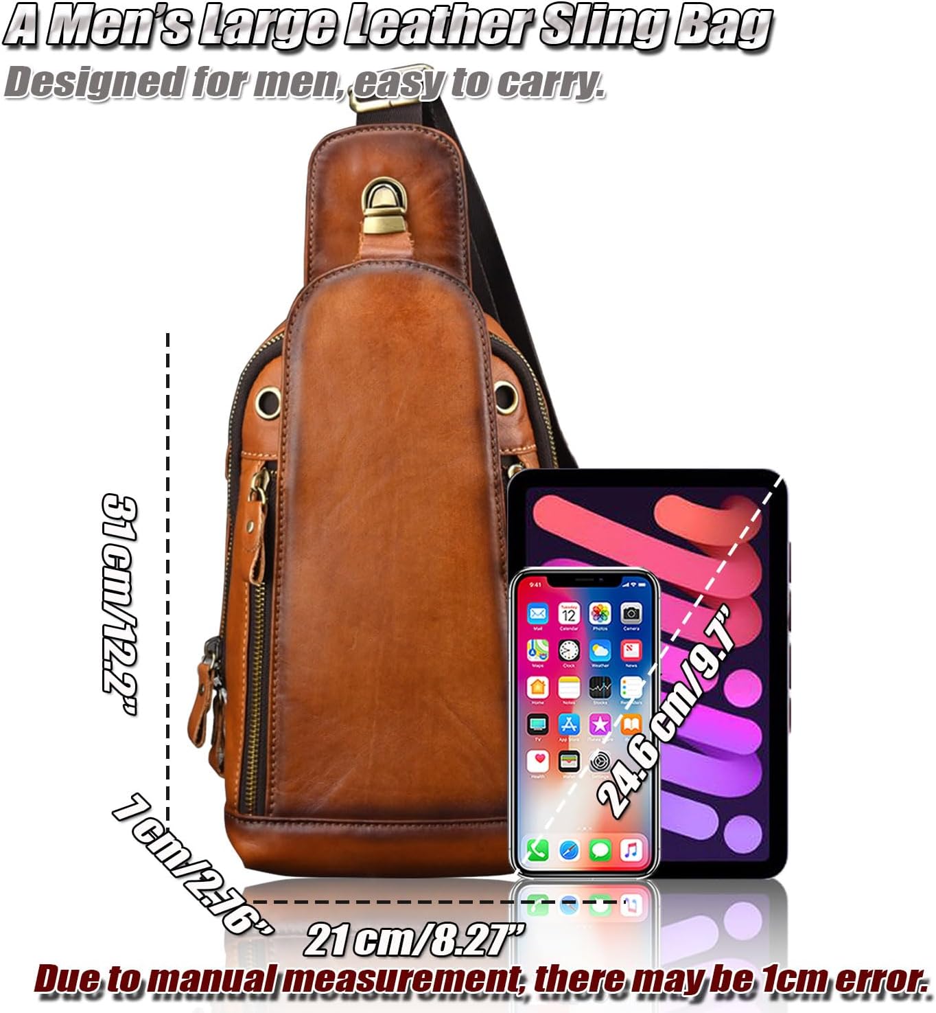 Vintage Sling Backpack for Men Genuine Leather Crossbody Bags Multi-purpose Chest Bag Travel Daypack for 9.7" iPad