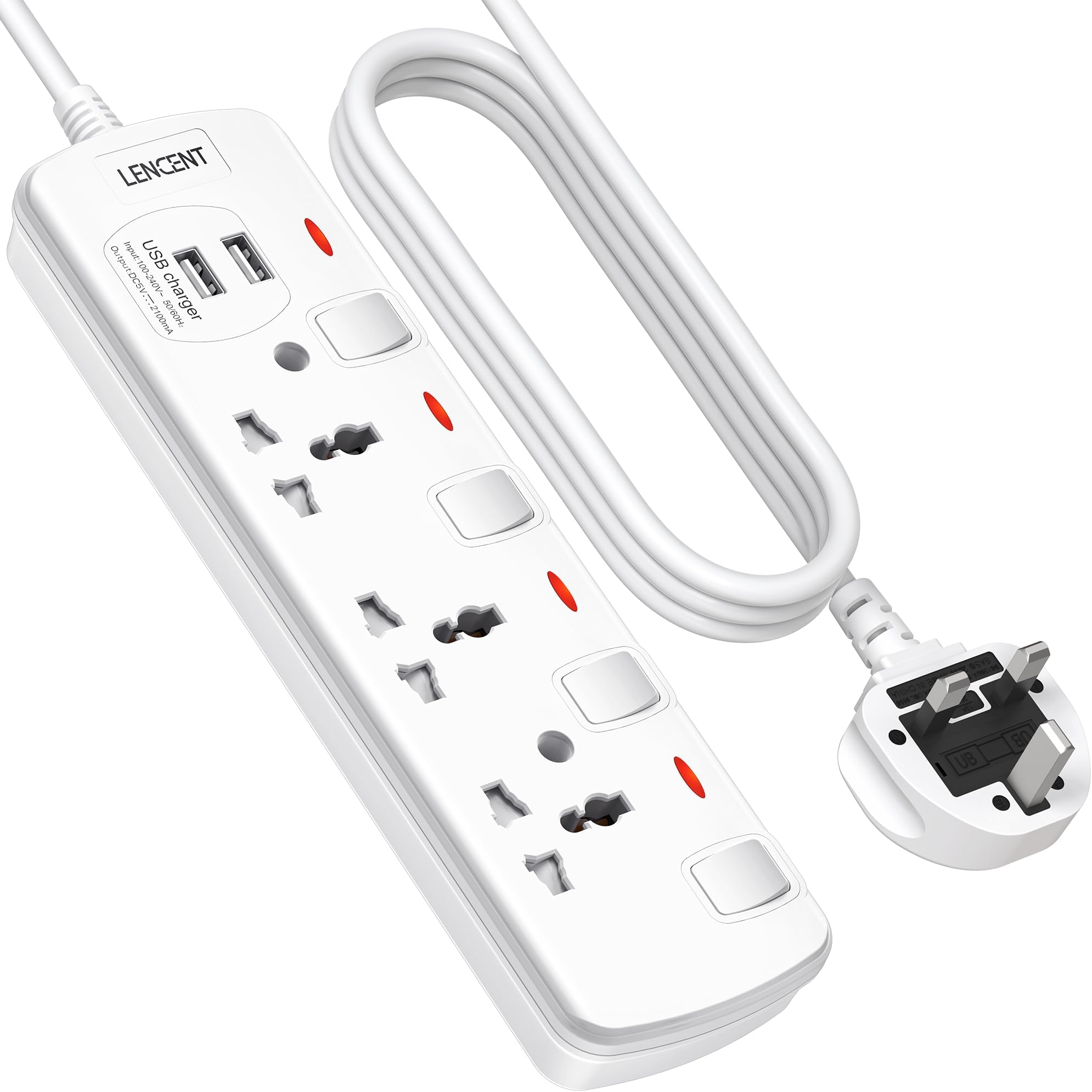 Extension Lead with USB Slots, 3 Way Sockets Outlet Power Strips with 2 USB Ports, Universal Plug Adapter with 2M Extension Cord, Charging Station for Home, Office, Individually Switched