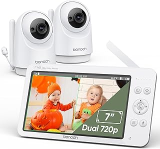 bonoch Baby Monitor with 2 Cameras, 7" 720P HD Split Screen Video Baby Monitor No WiFi, Baby Monitor with Camera and Audio, 6000mAh, 1000ft Range, Sound Detect, Remote PTZ, VOX Mode, Auto Night Vision