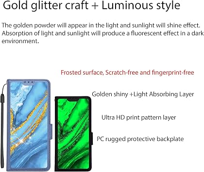 Kinetijy Case Compatible for Lava Play Max Phone Case Flip Cover [with Tempered Glass Screen Protector][RFID Blocking][Gold Glitter+Luminous] PTL-LDL