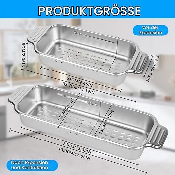 Stainless Steel Sink Strainer Extendible Strainer Basket Over Sink Strainer Kitchen Strainer Strainer Basket Sink Pasta Strainer for Draining Vegetables