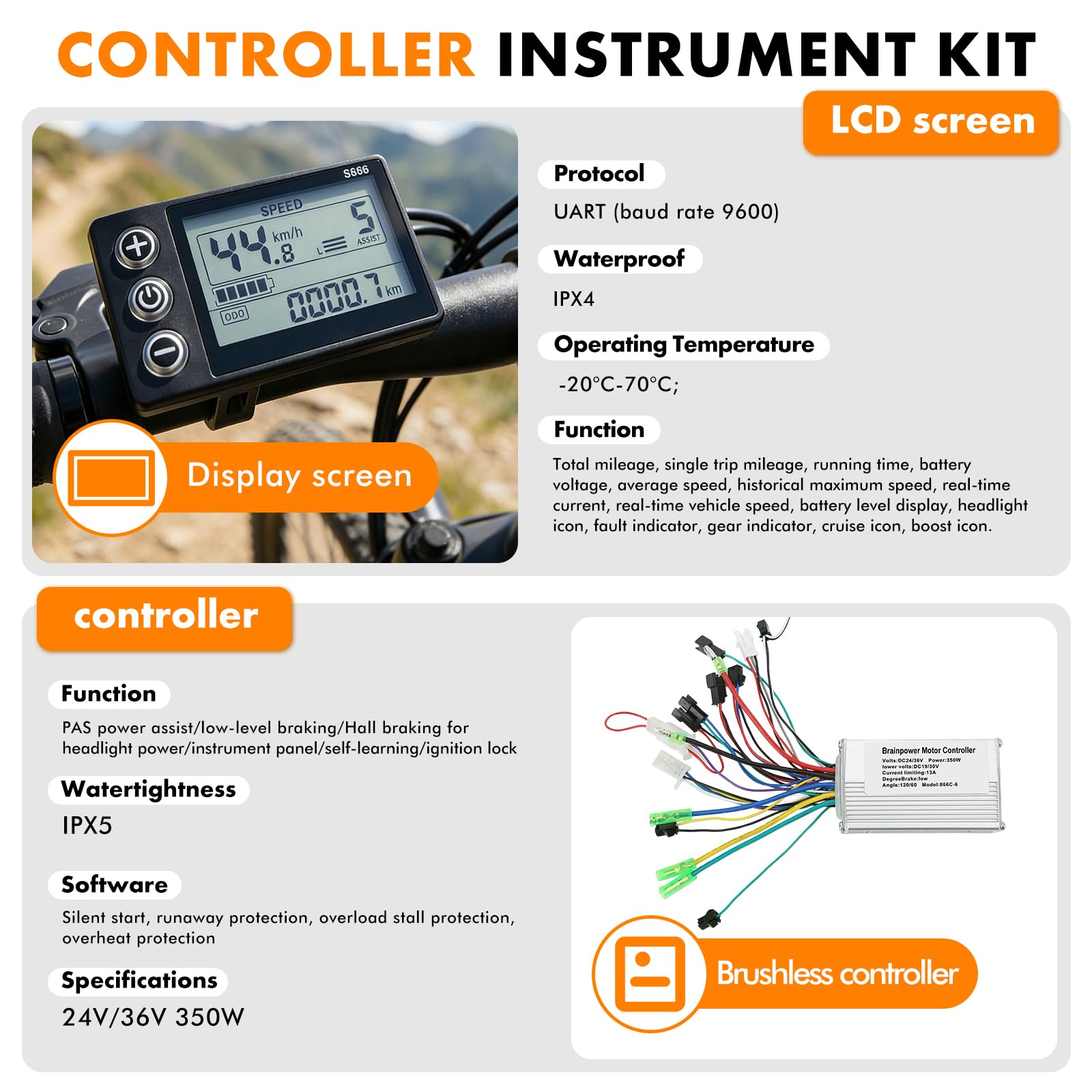 Motore elettrico senza brushless, controller motore senza spazzole con display LCD per e-bike, mountain bike e scooter, indicatore di livello di carica e velocità 866, 24 V/36 V 350 W