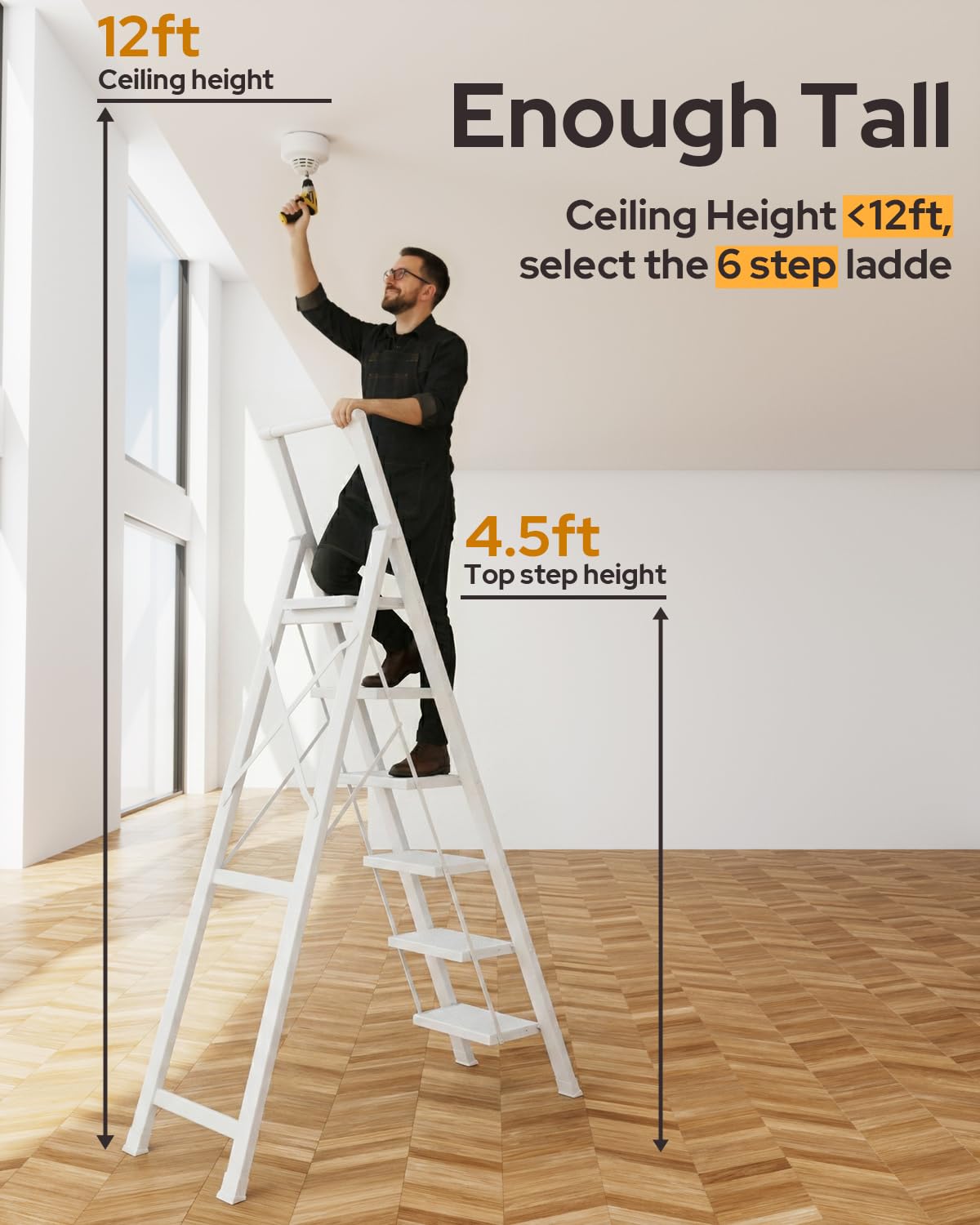Photo 1 of **MINOR USE WEAR**GameGem 6 Step Ladder for 12 Feet High Ceiling, Lightweight Aluminum Folding Step Stool with Convenient Handgrip, Stepladders with Anti-Slip and Wide Pedal for Home Use Space Saving - White