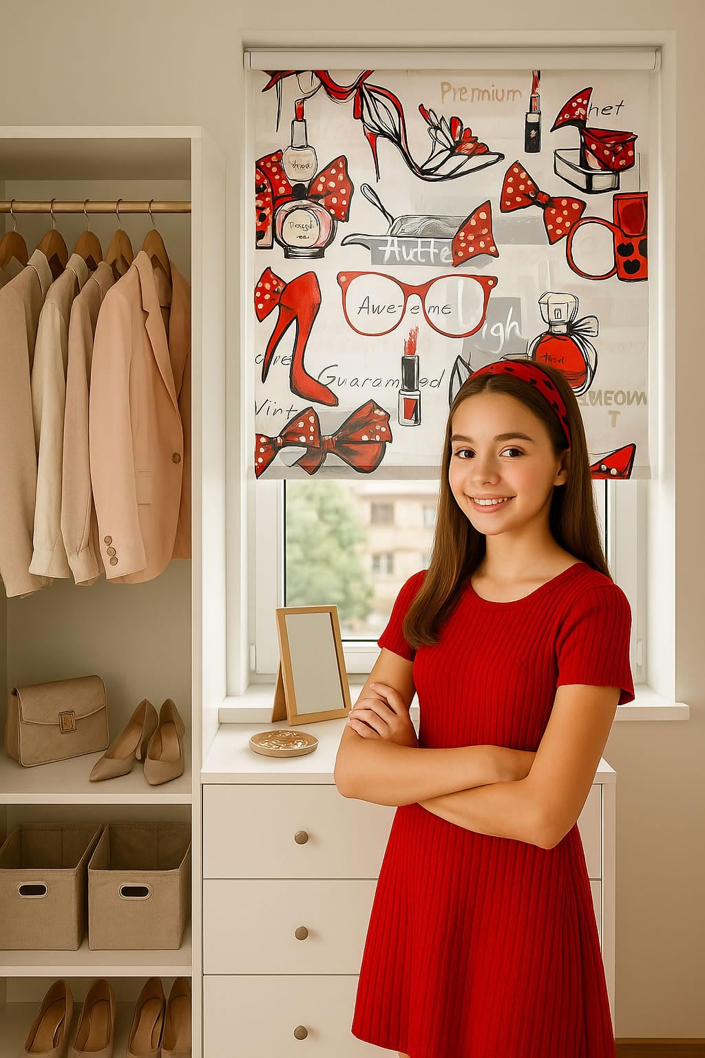 Estor Enrollable Juvenil Moderno Fashion 002 – Diseño Fashion con Tacones, Gafas, Pintalabios y Perfume – Cortina Decorativa Habitación Chica Adolescente – Tejido Translúcido – Hecho en España (40x60)