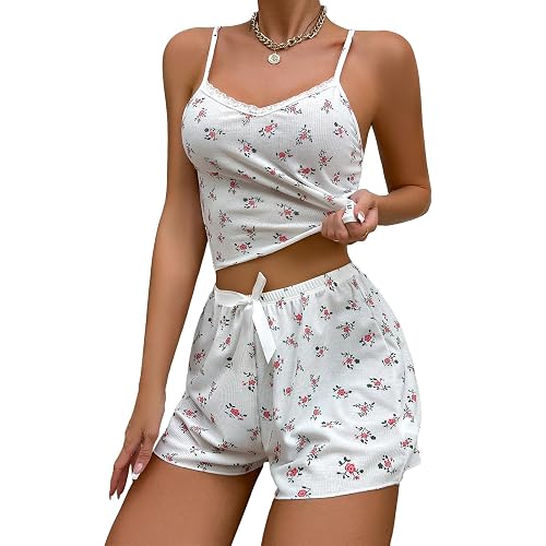 Himllauen Damen Pyjama Set​ Kurz Schlafanzug Floral Print Top und Shorts Sommer Lounge Set Y2k Shorts Set