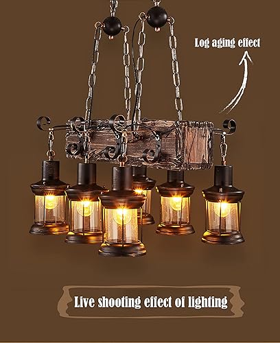 Miniatura 3 de LightInTheBox Lámpara de araña retro de granja de 6 luces, luz colgante de haz de madera industrial, pantalla de vidrio de metal, lámpara colgante