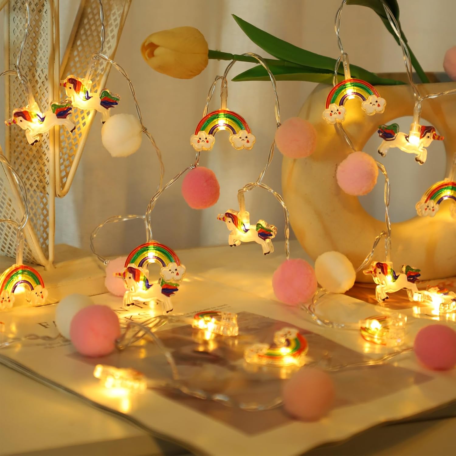 ChiRee Pink Pom Poms with Unicorn and Rainbow String Lights