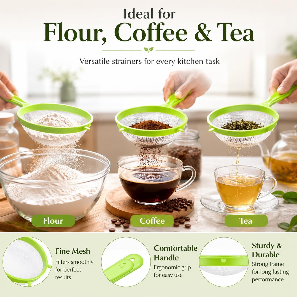 3Pcs Green Plastic Strainer, Flour Sifter Set with Long Handle, Fine Mesh Colander for Flour, Coffee, Tea