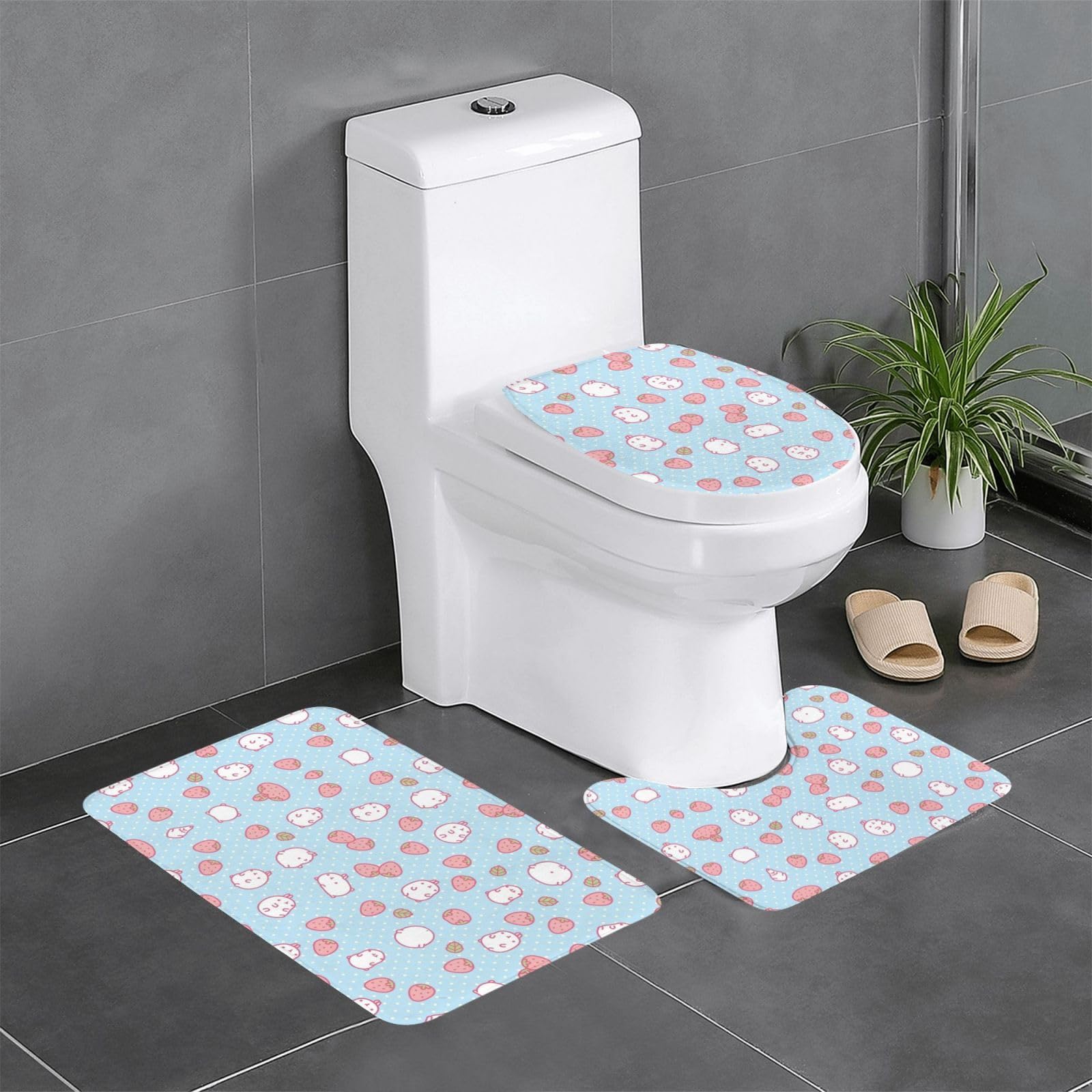 Tapis de bain motif fraise ensemble WC 3 pièces absorbant
