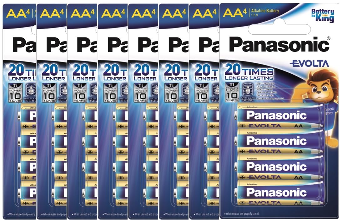 Panasonic Energy India Co Ltd Evolta Premium Aa Alkaline 1.5V Battery, 20 Times Longer Lasting Than Premium Zinc Batteries,Anti-Leak Seal,Protects Power For Up To 10 Years-Pack Of 32