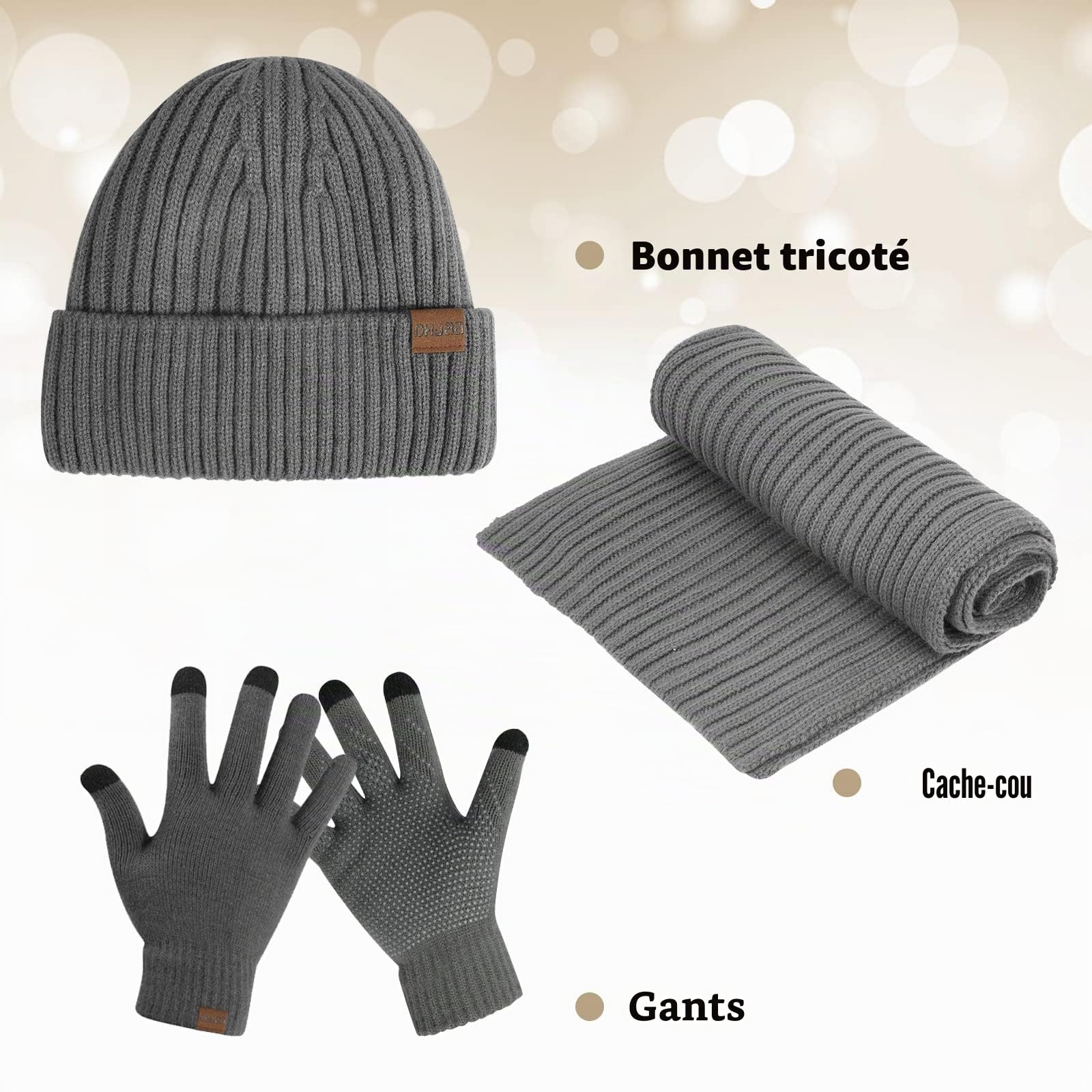 TAGVO d'hiver Bonnet écharpe Gants 3 en 1,Tricotés Echarpe, Gants et bonnet homme Hiver, Molleton Doux Chaleureux Doublure Extensible Bonnet Echarpe Gants d'écran Tactile pour Homme et Femmes Sports