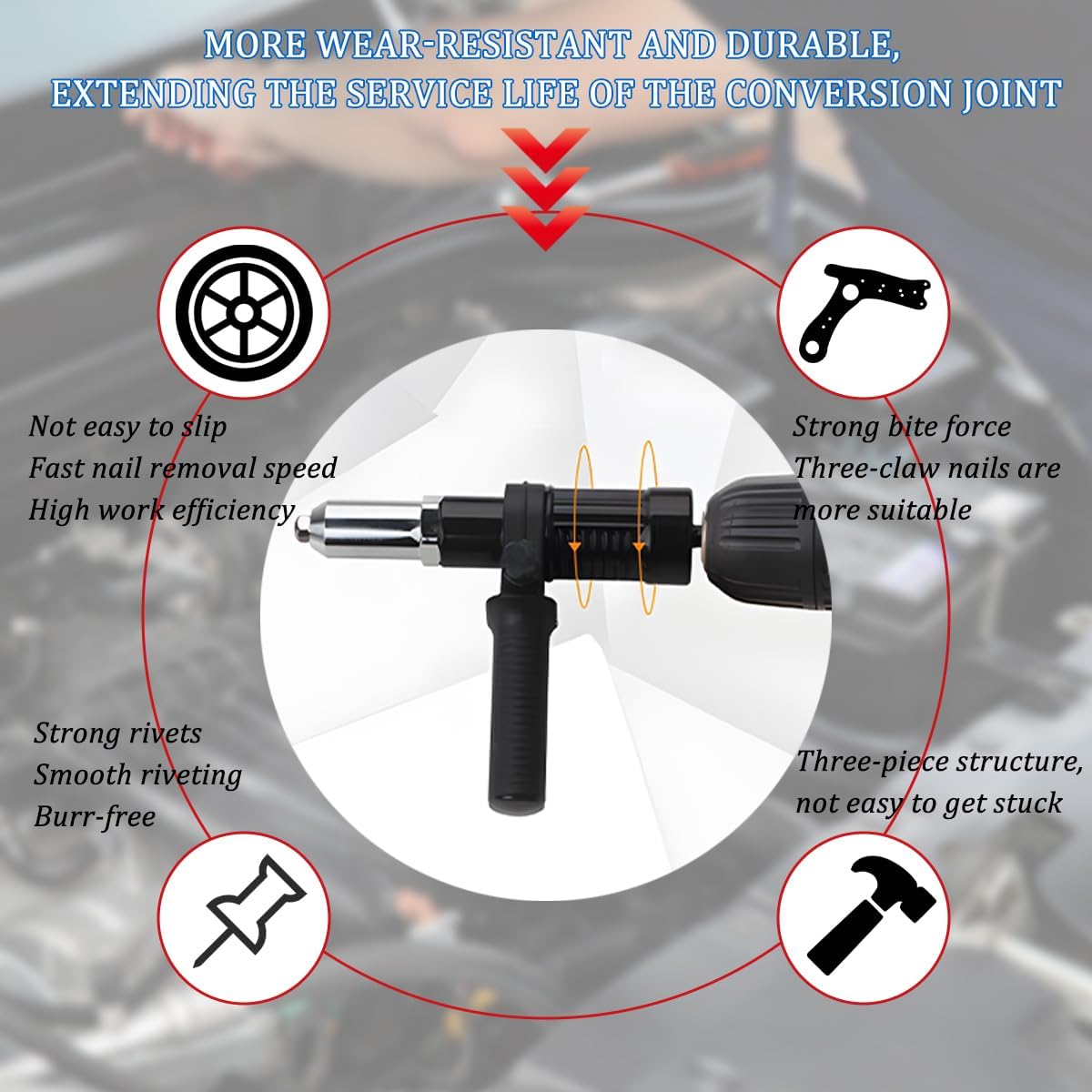 Bittwee Car Pop Rivet Gun Adapter Kit, Cordless Electric Power Riveting Drill Attachment with 4 Rivet Head, Automotive Cordless Riveting Drill Insert Nut Adaptor Tool, Universal for Vehicles