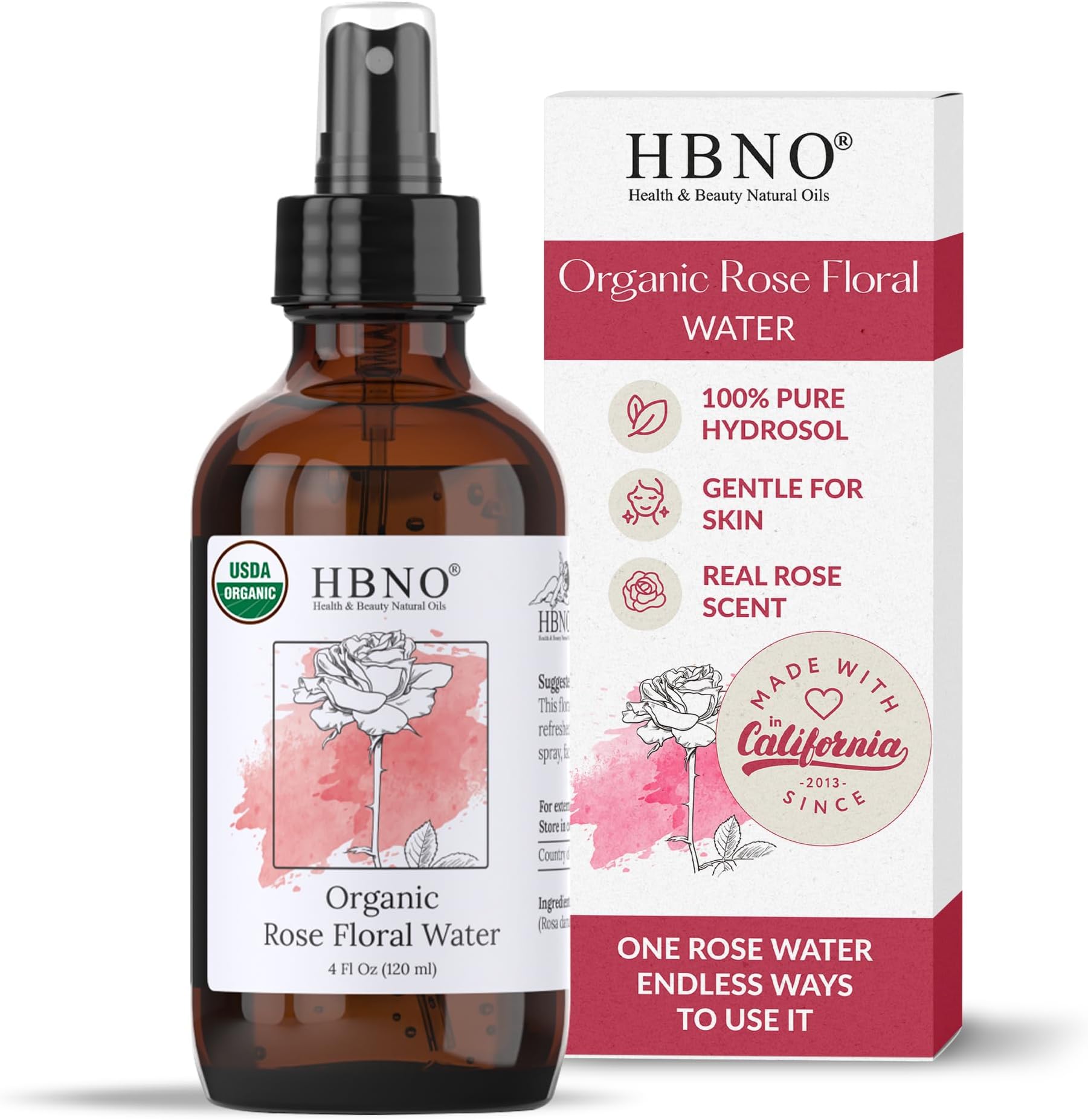 HBNO California Bottled Organic Rose Water for Face 4 fl oz (120ml) - USDA Certified Organic Rose Water Spray for Cleansing- Pure Rosewater for Hair - Rosewater Face Mist