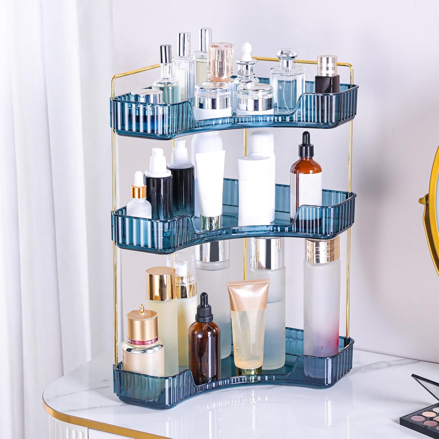 Corner Bathroom Counter Organizer Bathroom Countertop Shelf Makeup Organizer for Vanity Perfume Tray for Corner Storage (2 Tiers, Green)