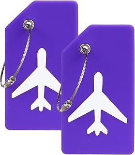 Gostwo 2 Pack Silicone Luggage Tags for Suitcases, 26 Initial Letter Baggage Labels Handbag School Bag Suitcase Instrument Tag with Stainless Steel Loop(Purple)(Airplane)