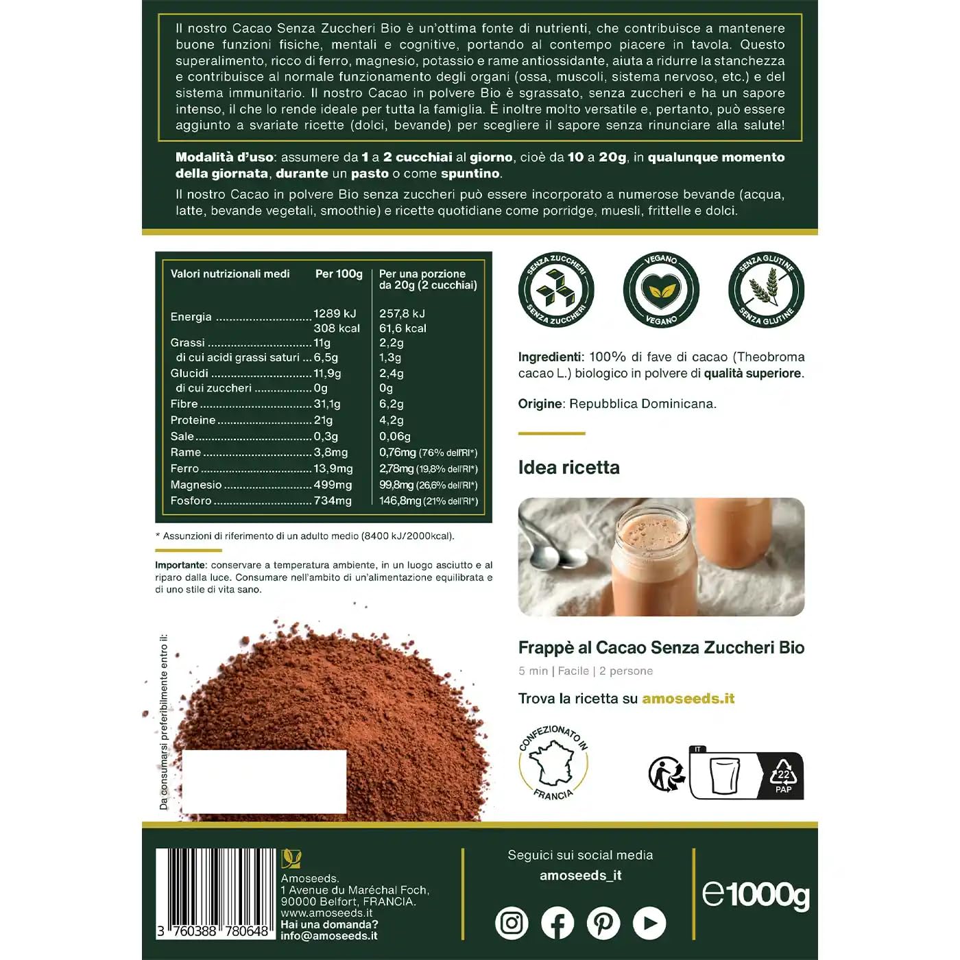 Cacao Senza Zuccheri in polvere BIO 1KG | Fave sgrassati di Cacao Bio, 100% puro | Gusto Intenso di Cioccolato | Qualità superiore