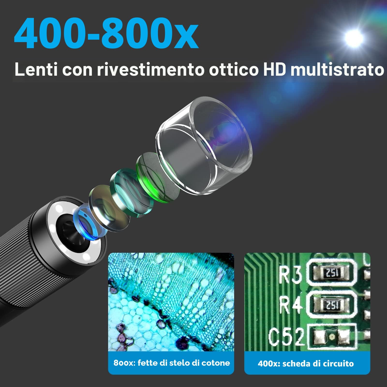 Microscopio digitale palmare LCD, microscopio portatile tascabile 800x con luci a LED Microscopio elettronico con lente d'ingrandimento, Handy-Mikroskop, USB a PC Inclusa scheda SD e vetrini campione