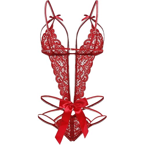 Donnalla Women's Deep V Lace Teddy One Piece Lingerie Cutout Strappy Lingerie