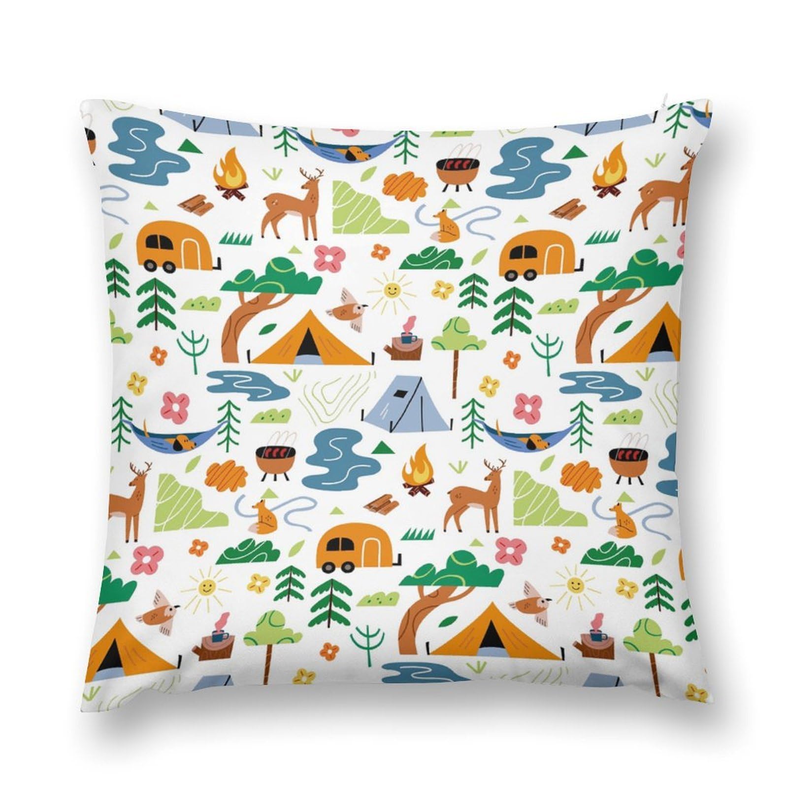 moderw Kids Cartoon Camper Throw Pillow Cover, Retro RV Travel Trailer Camping Theme Couch Sofa Pillowcases Happy Camp Cushion Case Decoration for for Farmhouse Home Bed 18x18inch