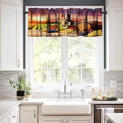 Miniatura 8 de MYS QiQi Cenefa de ventana de cocina de vino, copas de botella de vino, cenefa con bolsillo para barra de frutas, cortinas cortas de grano de madera