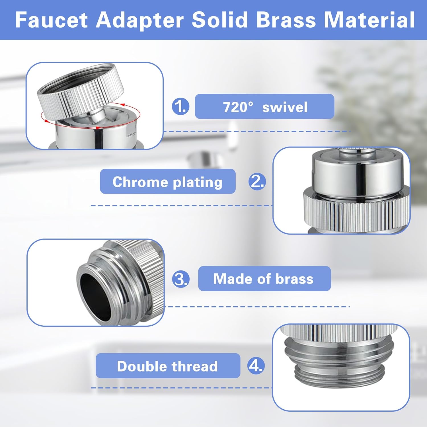 Sink Faucet Adapter Kit,360 Degree Swivel Faucet to Garden Hose Adapter,Multi-Thread Garden Hose Adapter for Bathroom Kitchen,3/4" GHT thread Chrome