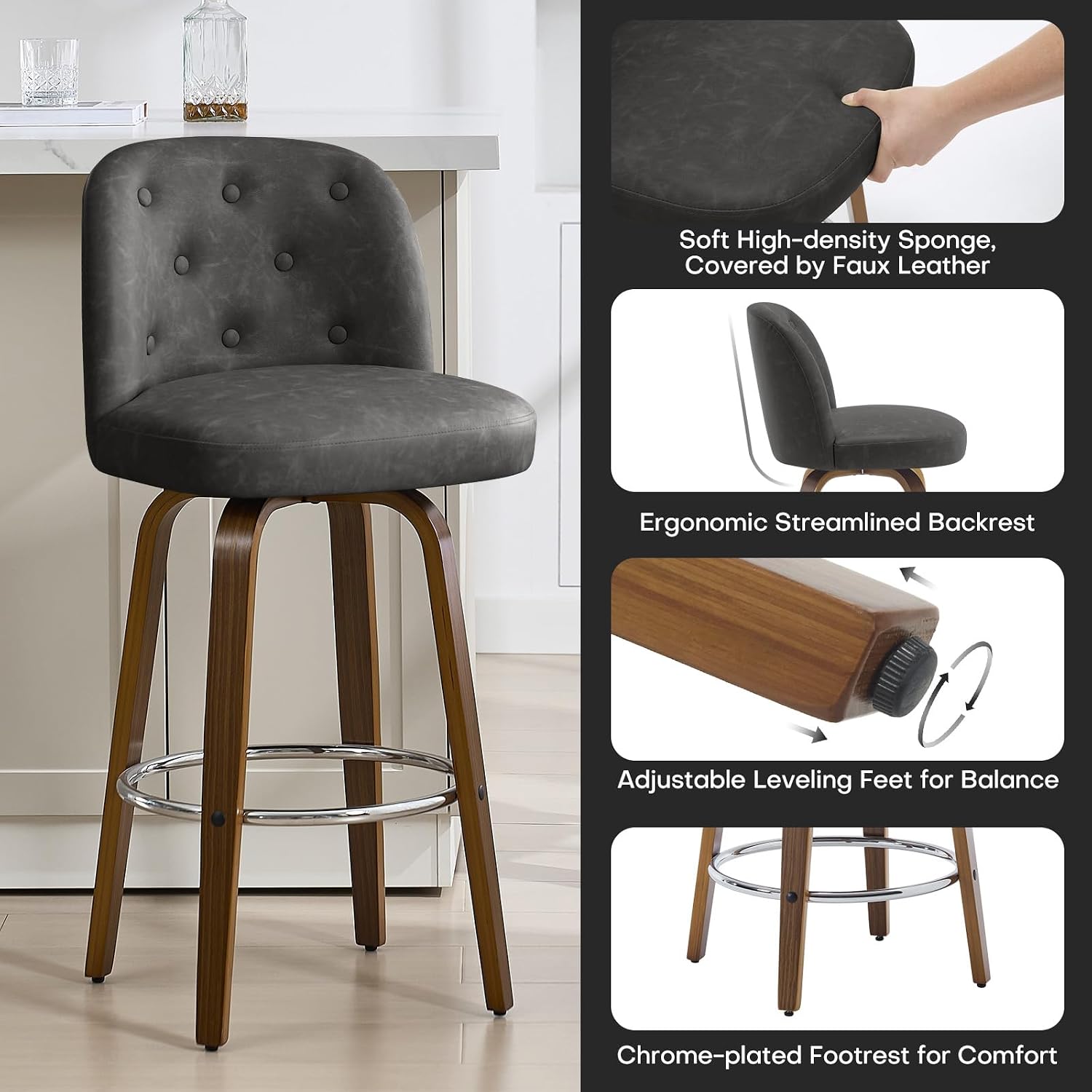Bekrvio Bar Stools Set of 4, 26" Counter Height Swivel Bar Stools with Back,Walnut Bentwood Legs, Faux Leather Upholstered Counter Stools, Modern Counter Chairs Bar Stool for Kitchen Island,Dark Grey