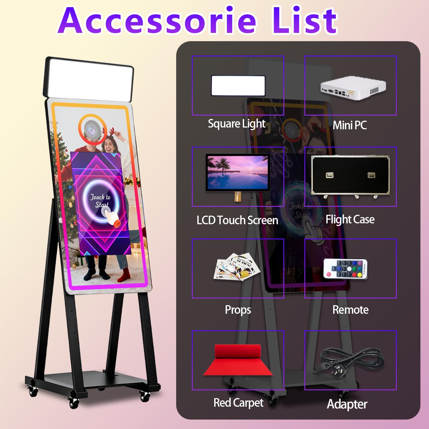 Budka fotograficzna z magicznym lustrem 128 cm z ekranem dotykowym 56 cm, fotobudka DSLR z etui lotniczym, natychmiastowe udostępnianie, światło RGB, profesjonalna fotobudka na imprezę (biała, maszyna