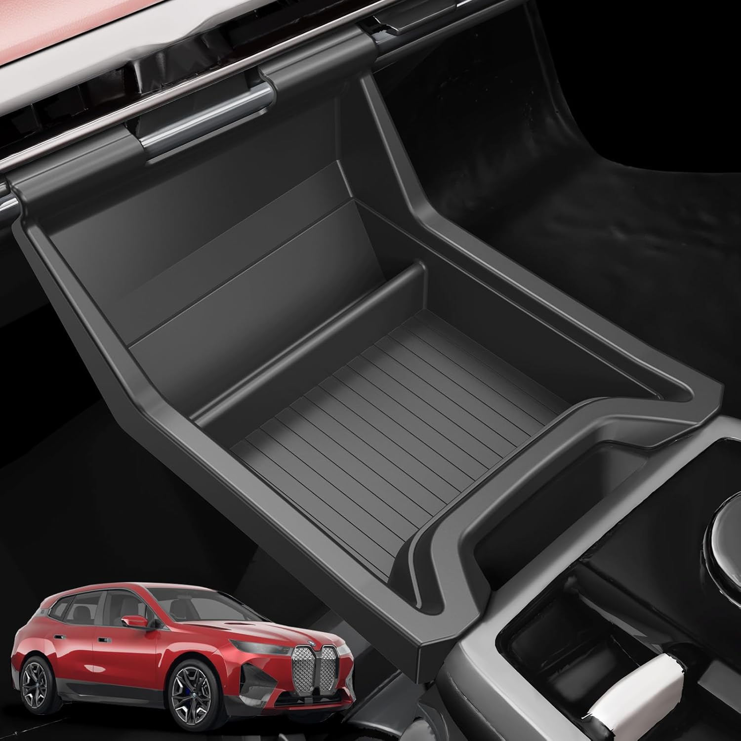 For BMW iX Lower Console Tray - Compatible with 2022-2026 BMW iX45 Center Console Organizer with Anti-Slip Thick Liquid Silicone Mat - Black [Food Tray for Car] [2-Compartment][2026 Patented Design]