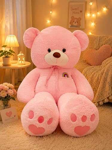 Giant Pink Teddy Bear Plush Stuffed Toy with Rainbow Patch