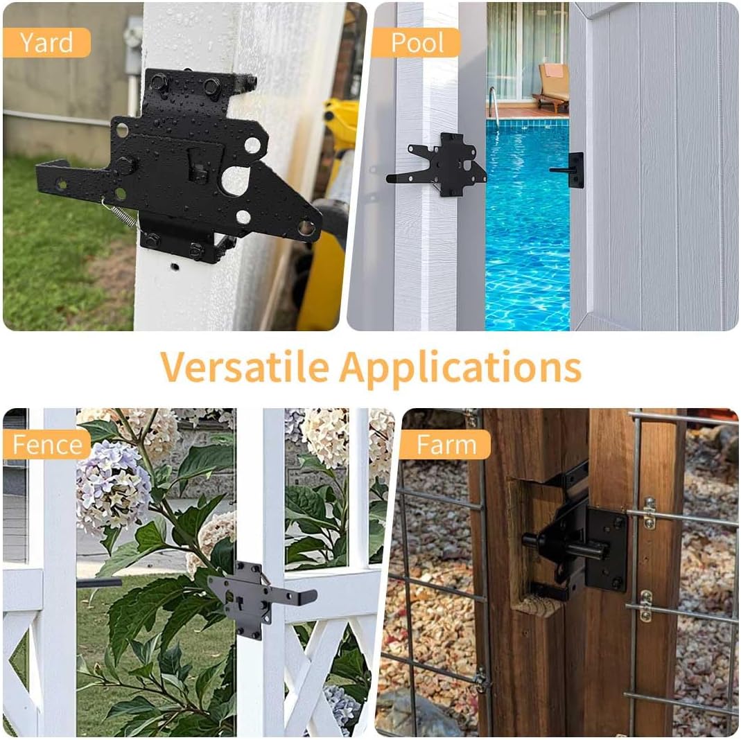 Heavy Duty Gate Latch for Wooden Fence, Black Post Mount Automatic Gravity Lock, Self-Locking Gate Latch for Wooden/Vinyl Fence, Pool, Garden & Outdoor Gates