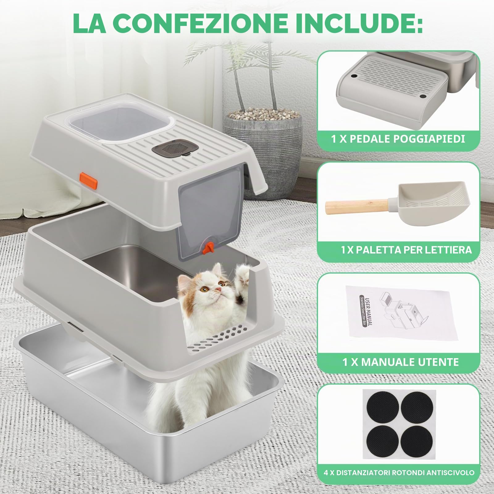 Lettiera Gatto Chiusa con pala e pedali,Lettiera Toilette per Gatti Chiusa,Grande Capacità,mit Doppeltem Eingang für Katzen aller Größen,Grigio