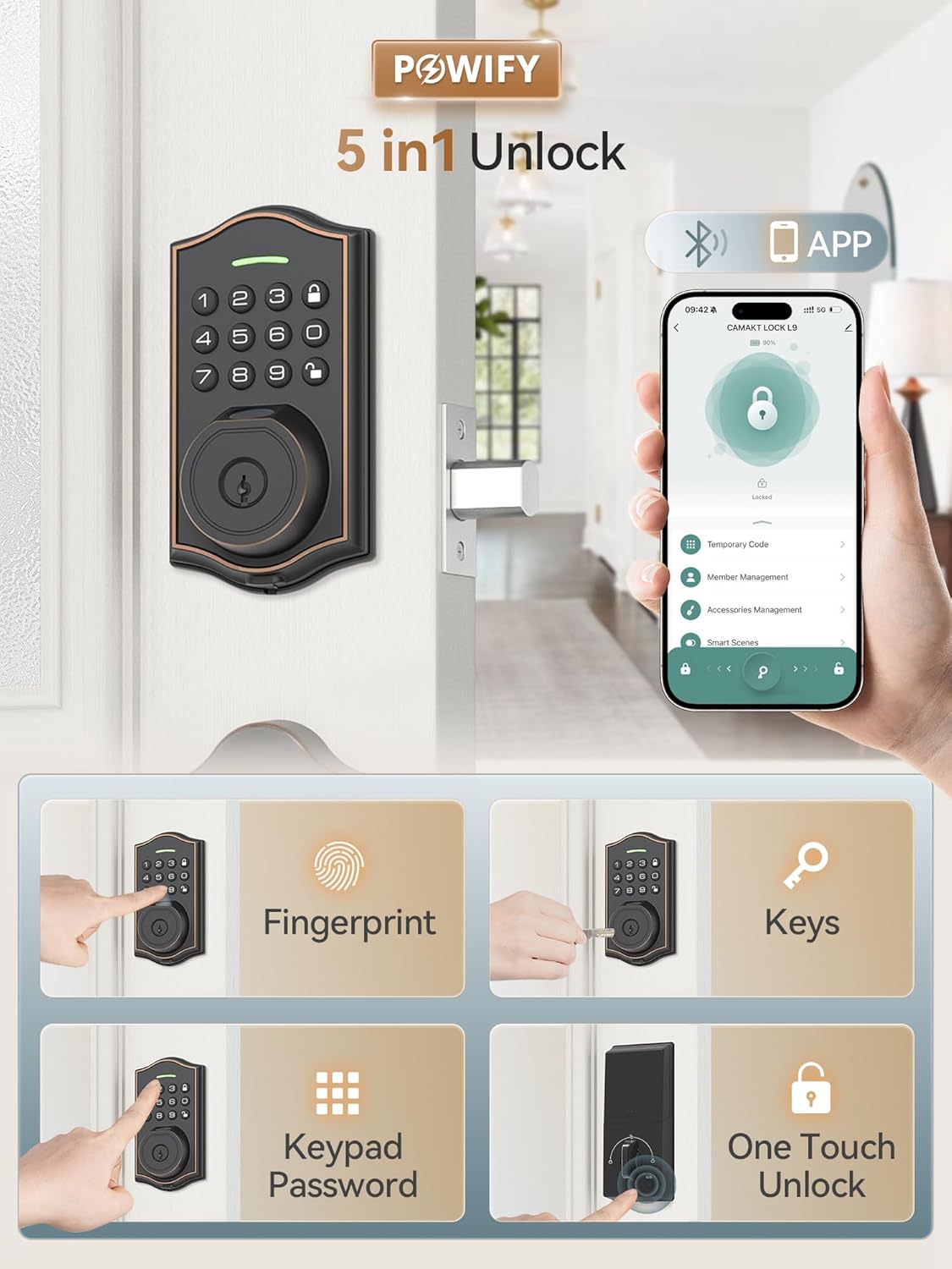 Keyless Entry Door Lock with Handle,Fingerprint Smart Front Door Lock Set,APP Control, Electronic Keypad Deadbolt with Lever Handle, Anti-Peeping, Auto Lock, Easy Install, Oil Rubbed Bronze