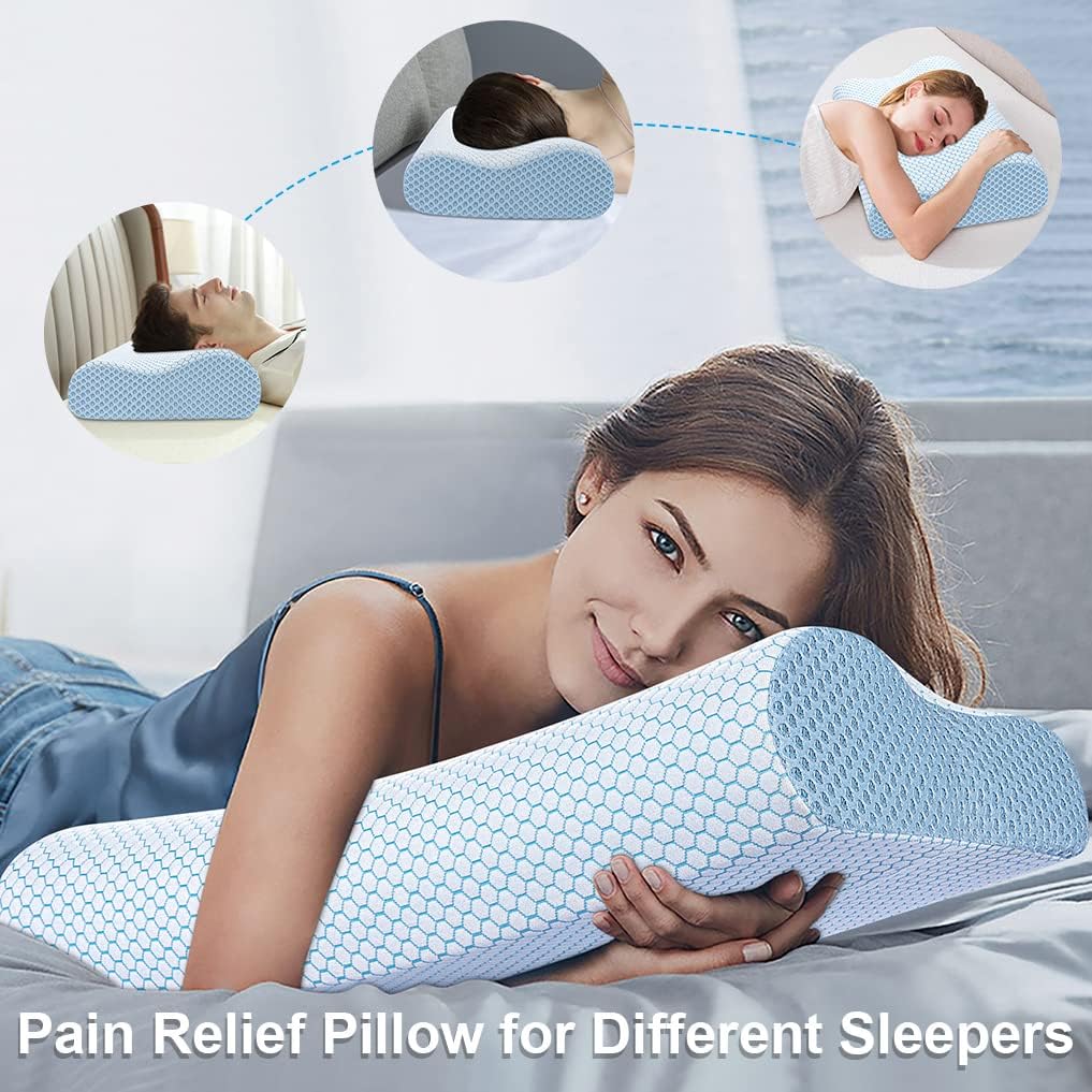 Anvo Memory Foam Pillow, Neck Contour Cervical Orthopedic Pillow for Sleeping Side Back Stomach Sleeper, Ergonomic Bed Pillow for Neck Pain - Blue White, Soft, SOFT - Standard (24 x 13.4 x 4.7'') : Home & Kitchen
