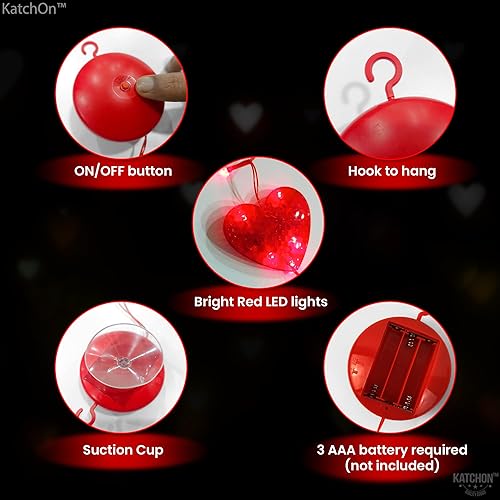 Miniatura 3 de KatchOn, Luces de ventana para el día de San Valentín, paquete de 5, grandes de 31 pulgadas, luces rojas en forma de corazón con ventosa, luces de