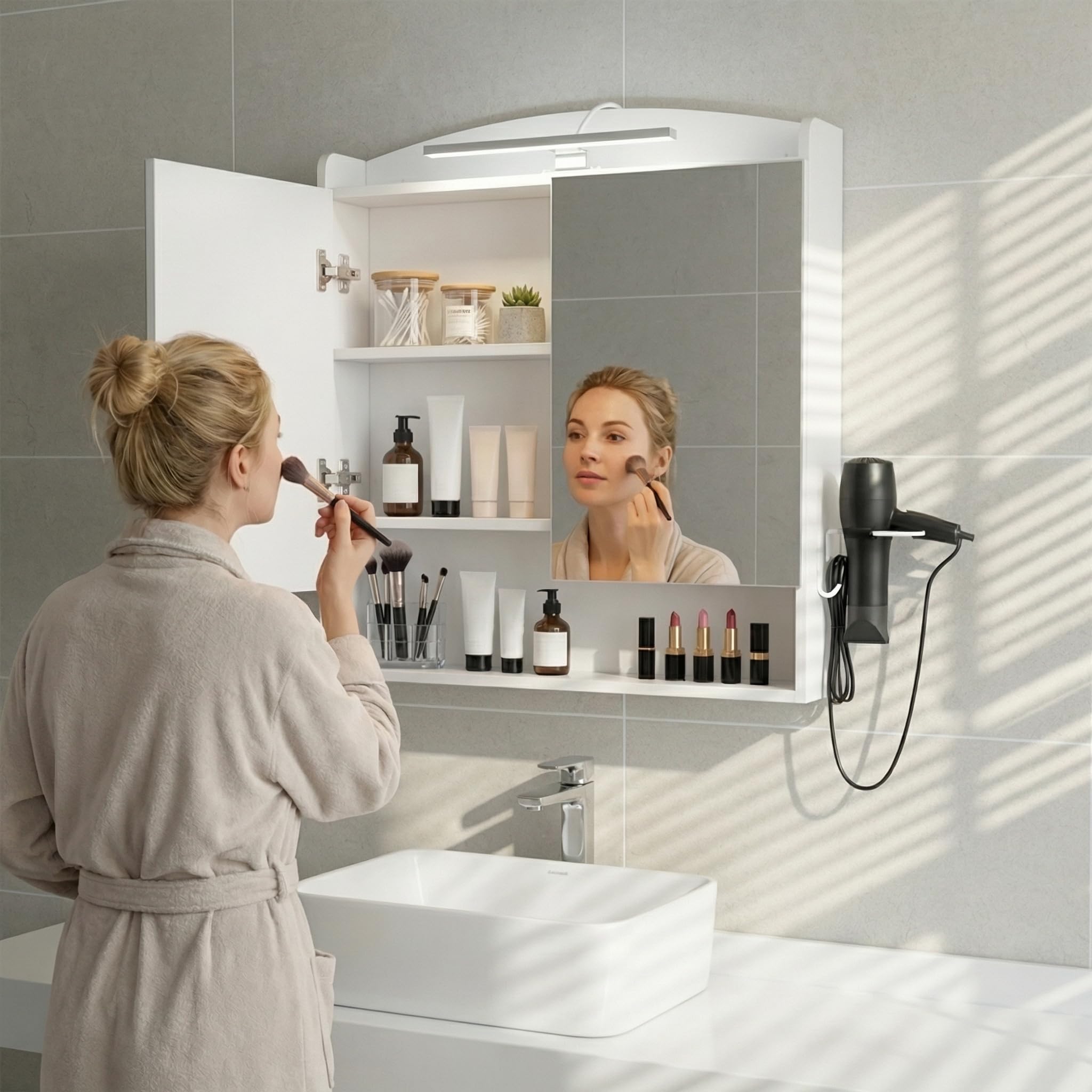 Armario de baño con Espejo e iluminación, 60 cm de Ancho, con enchufes, Ganchos y Soporte para secador de Pelo, Blanco, 60 x 15 x 64,2 cm