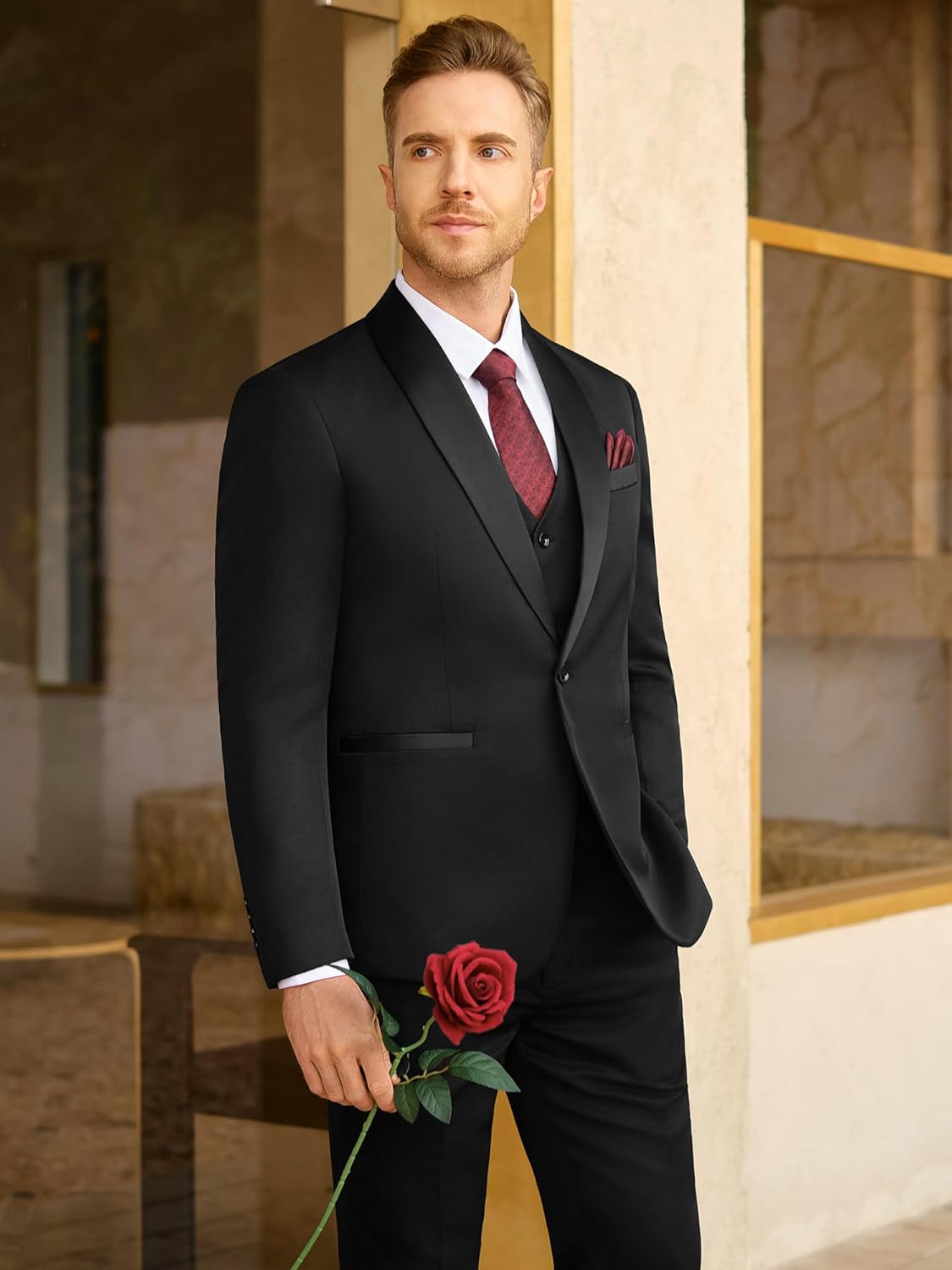 WEEN CHARM Mens Suit Slim Fit Tuxedo 3 Piece One Button Shawl Lapel Blazer Jacket Vest Pants Set for Prom Party