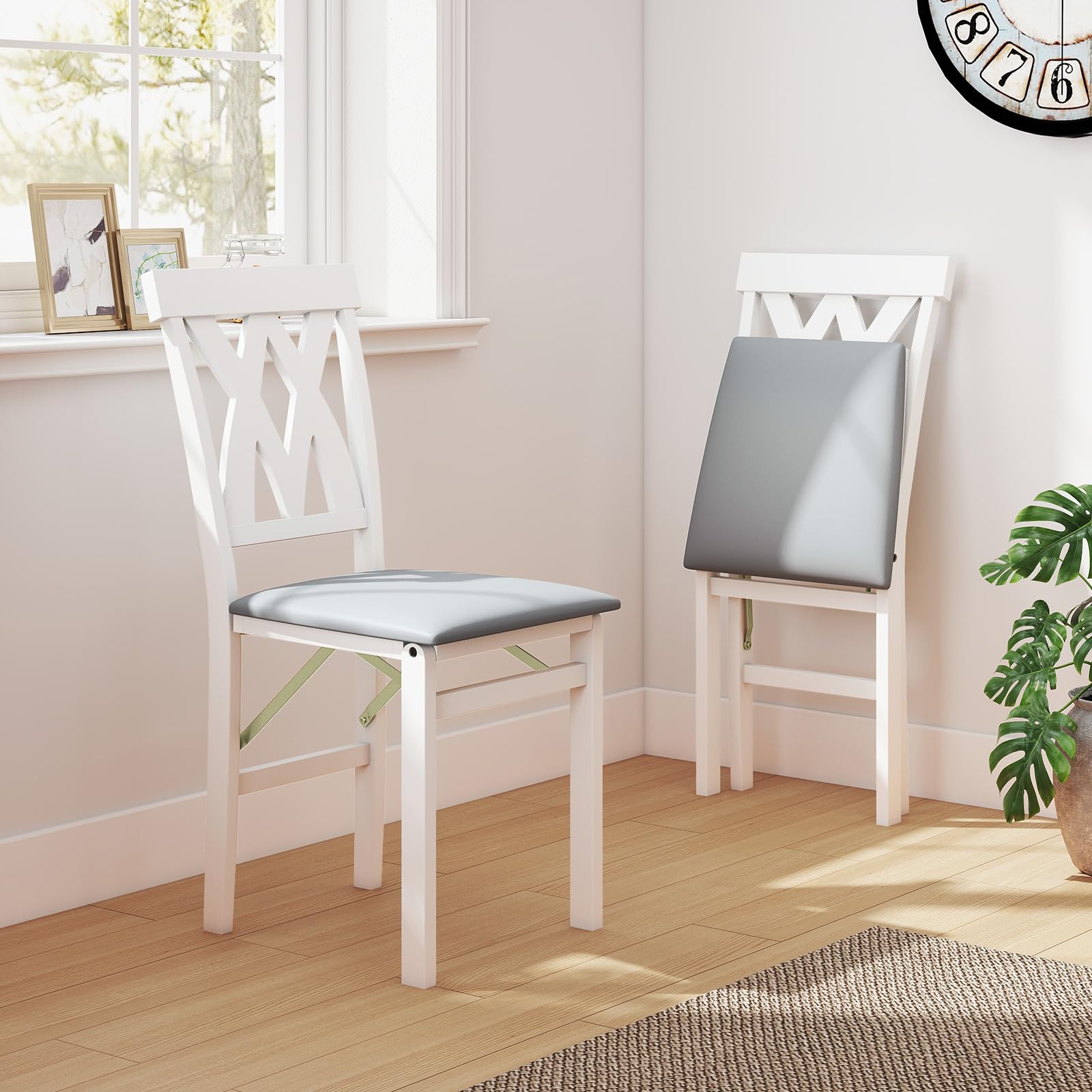 COSTWAY Lot de 2 Chaises de Salle à Manger Pliantes en Bois, Chaise de Cuisine avec Cadre en Bois de Caoutchouc, Siège Rembourré, Dossier Incurvé, pour Maison, Bureau, Appartement (Blanc)