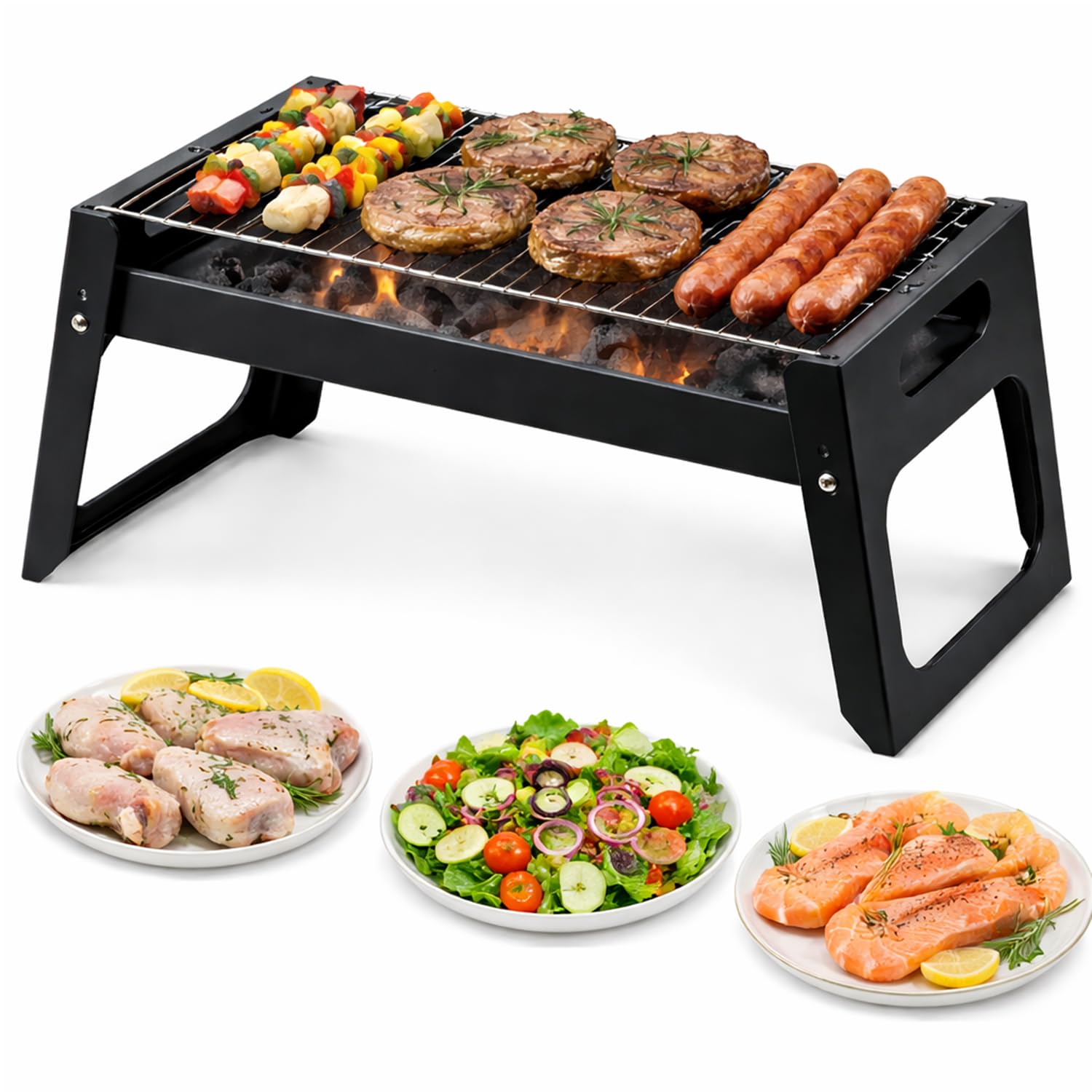 Thrink Black Folding Charcoal Bbq Grill Tabletop Portable Barbecue With Stainless Steel Grate, Lightweight Compact Design For Camping, Patio & Outdoor Cooking