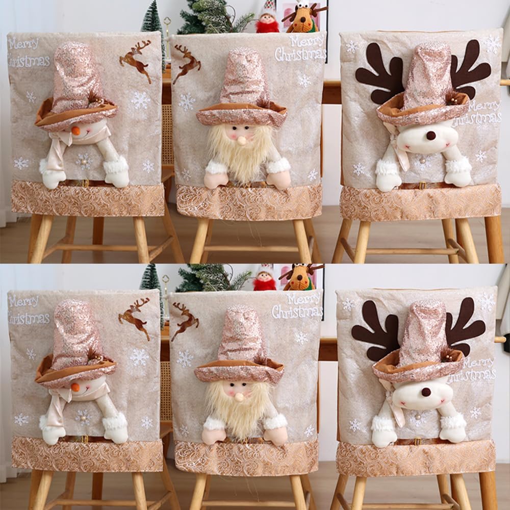 Christmas Chair Covers Set of 6 Christmas Chair Back Covers for Dining Room, Cute Santa Chair Cover Party Chair Covers Christmas Decorations, Beige