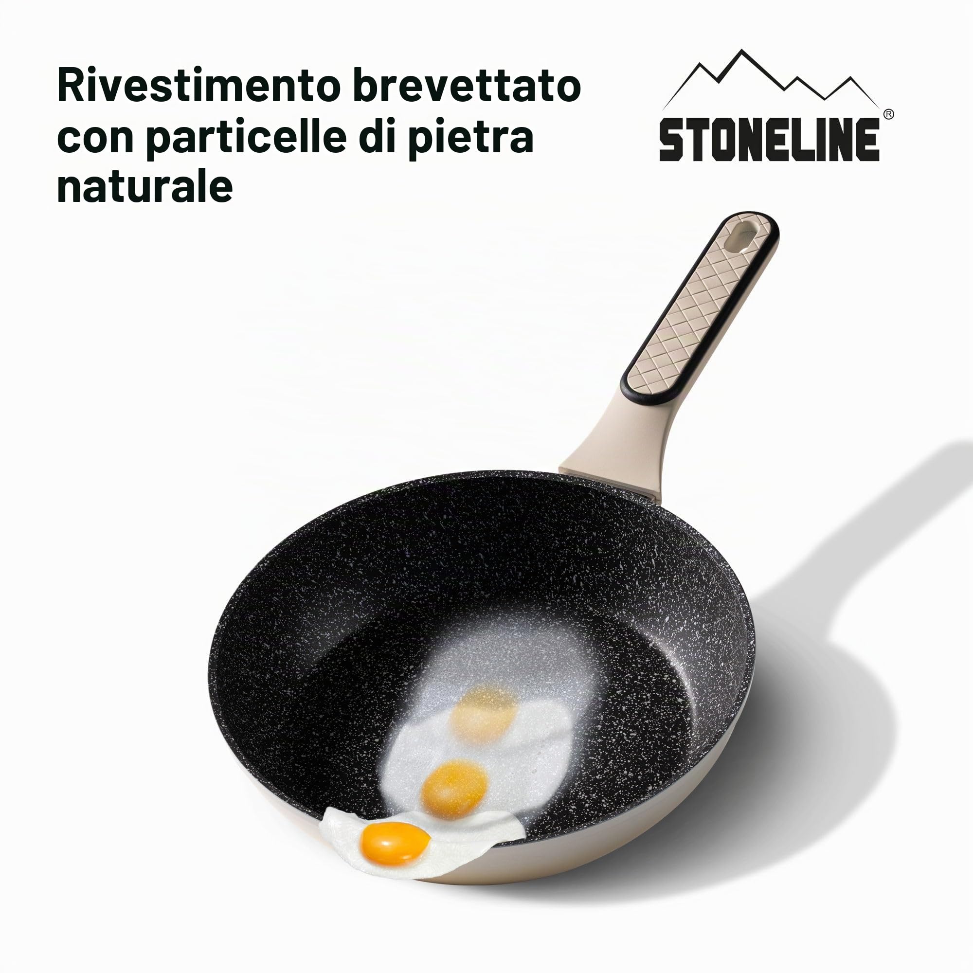 STONELINE Batteria Cucina 11 Pezzi 18/20/24 cm Set Padelle e Pentole con Coperchio, Pentola Padella Induzione Antiaderente con Vere Particelle di Pietra, Tutti i Piani Cottura, Colore: Crema