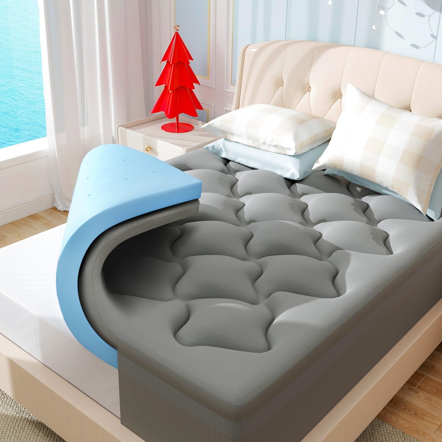 MUUEGM Dual Layer 4 Inch Memory Foam Mattress Topper Queen Size,2 Inch Gel Memory Foam Plus 2 Inch Cooling Pillow Top Cover with 8-21 Inch Deep Pocket,Mattress Pad for Back Pain,Grey