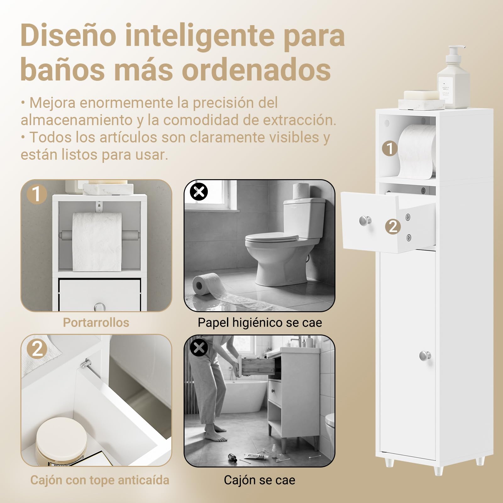 SoBuy Mueble Baño Estrecho 20x20 cm con Portarrollos Blanco para WC | Armario Auxiliar y Puerta Reversible Columna de Almacenaje Baño Compacto con Cajón BZR219-W