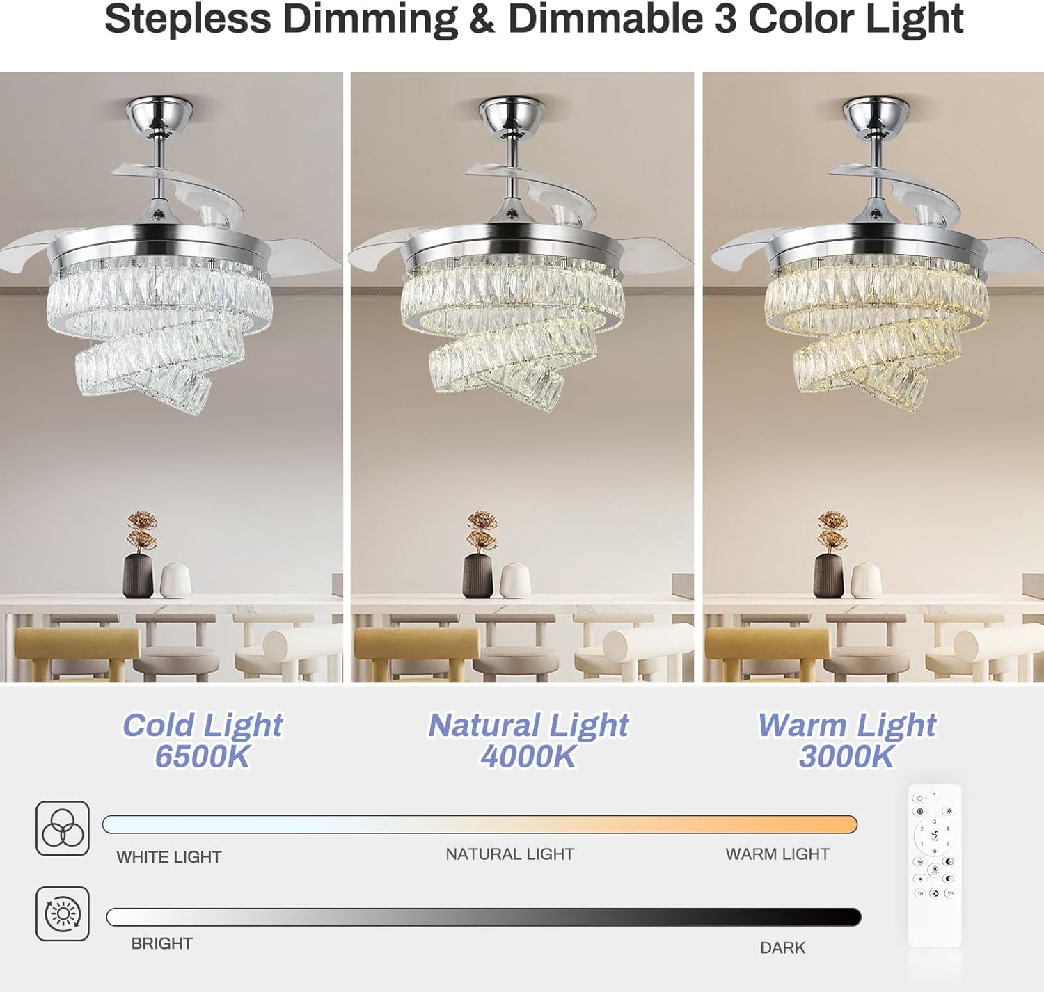 Finktonglan 42'' Fandelier Ceiling Fan with Light, LED Crystal Chandelier Ceiling Fan with Remote Retractable Chandeliers Fan for Bedroom Living Room, Timing 6 Speed Reversible, Chrome