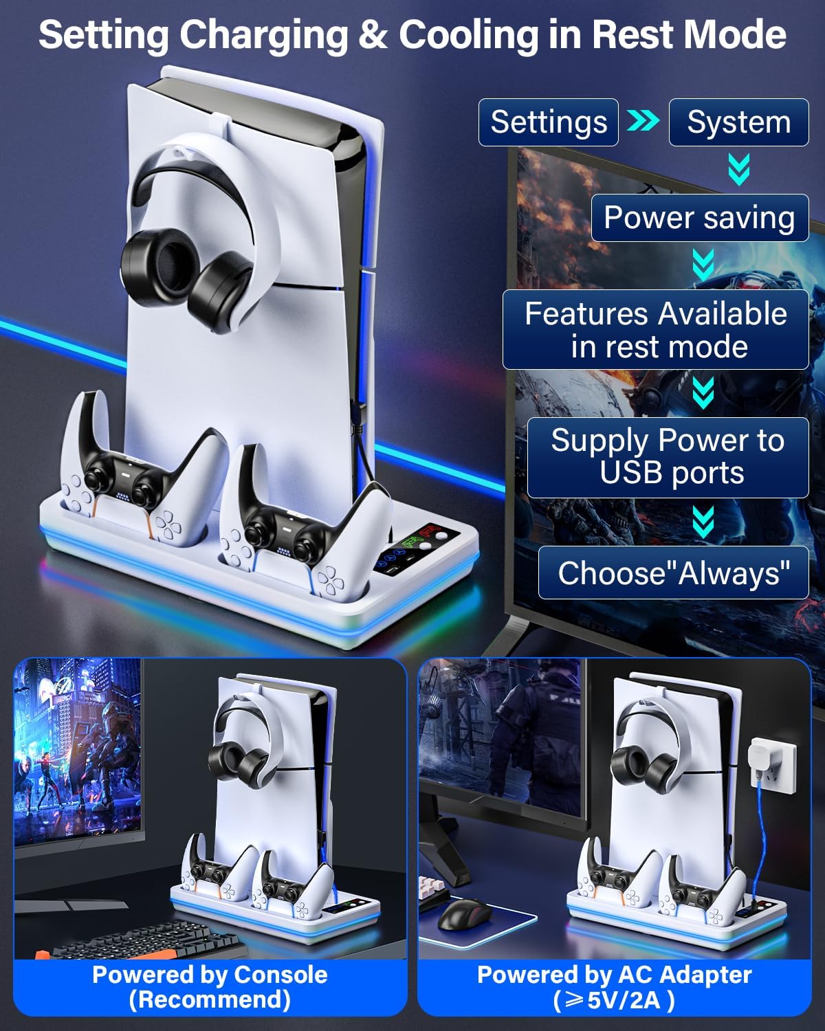 PS5 Slim/PS5 Stand and Cooling Station with Controller Charging Station for PlayStation 5 Slim&Standard Disc/Digital Consoles, PS 5 Cooler Accessories Incl Controller Charger, Cooling Fan - Image 7